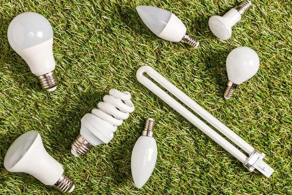 Vue Dessus Des Lampes Fluorescentes Sur Herbe Verte Concept Efficacité — Photo