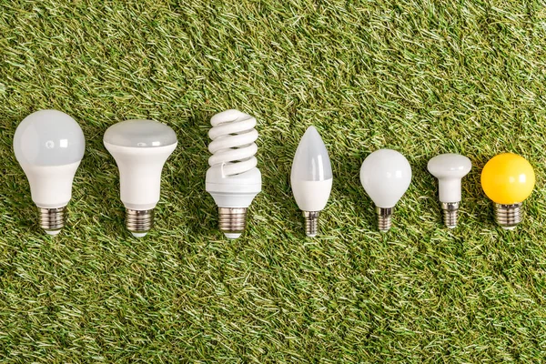 floresan lambaları yeşil çimen, enerji verimliliği kavramı üzerinde düz lay