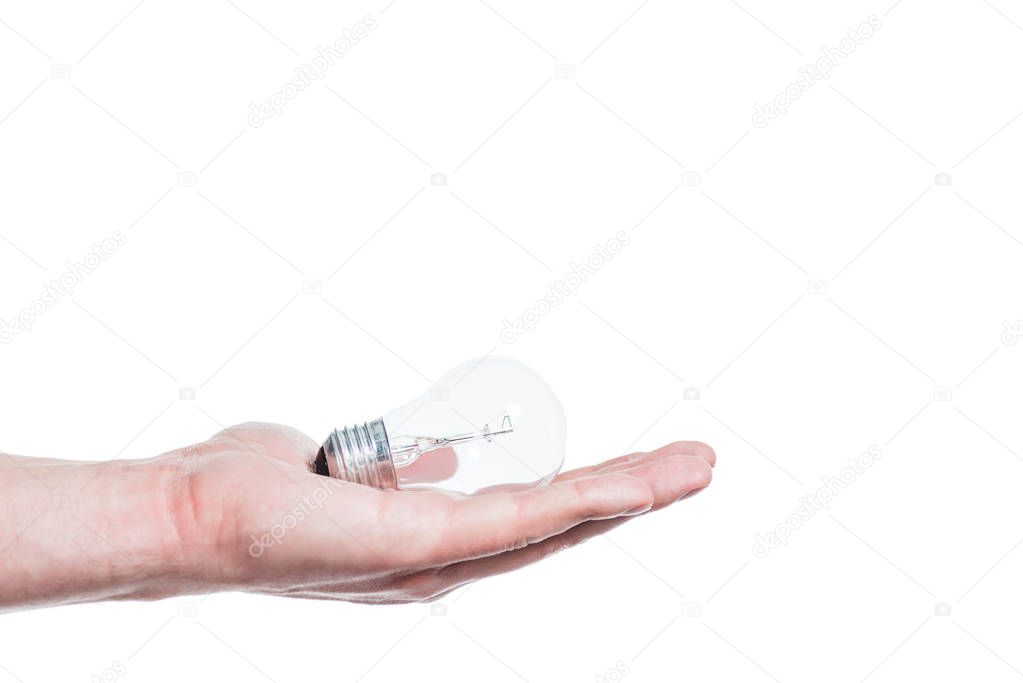 cropped view of male hand with light bulb isolated on white, energy efficiency concept