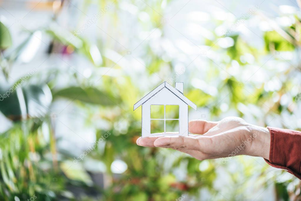 cropped view of man holding paper house in hands, energy efficiency at home concept