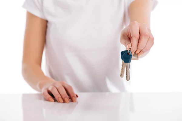 Selective Focus Woman Holding Keys Isolated White Mortgage Concept — Stock Photo, Image