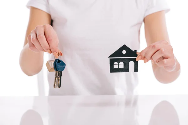 Partial View Woman Holding Paper House Keys Isolated White Mortgage — Stock Photo, Image