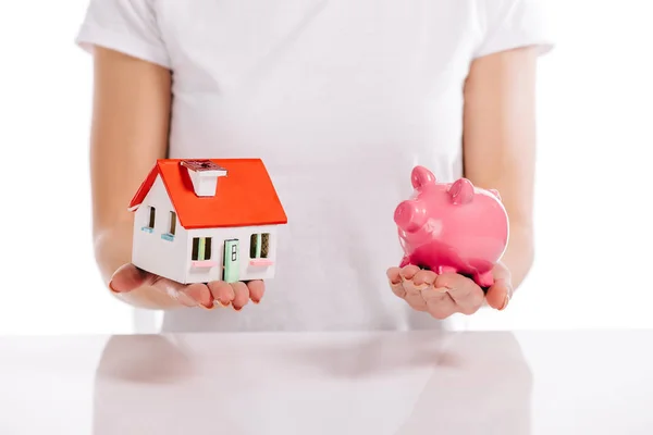 Partial View Woman Holding House Model Piggy Bank Isolated White — Stock Photo, Image