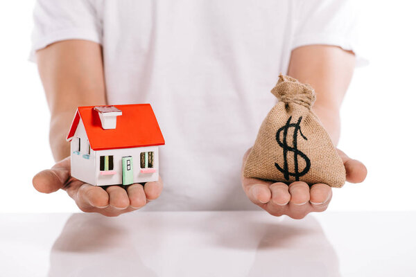 cropped view of man holding house model and moneybag isolated on white, mortgage concept