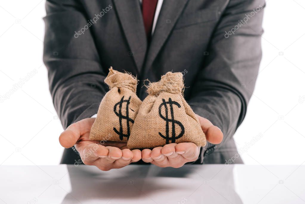 cropped view of businessman holding moneybags with dollar signs isolated on white, mortgage concept