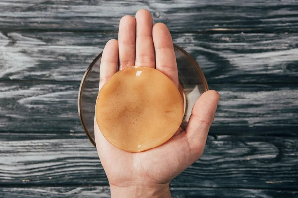 Top View Man Holding Kombucha Mushroom Hands — Stock Photo, Image