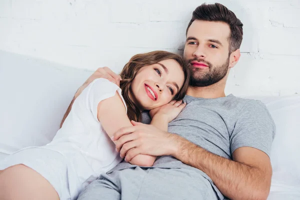 Adult Loving Woman Gentle Embracing Man Bed — Stock Photo, Image