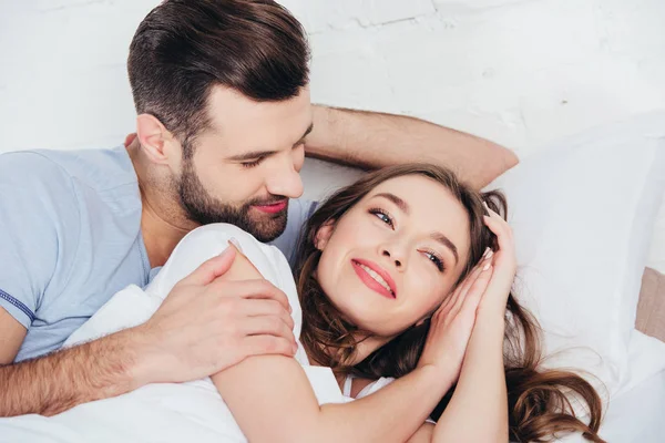 Young Loving Man Gentle Hugging Woman Bed — Stock Photo, Image