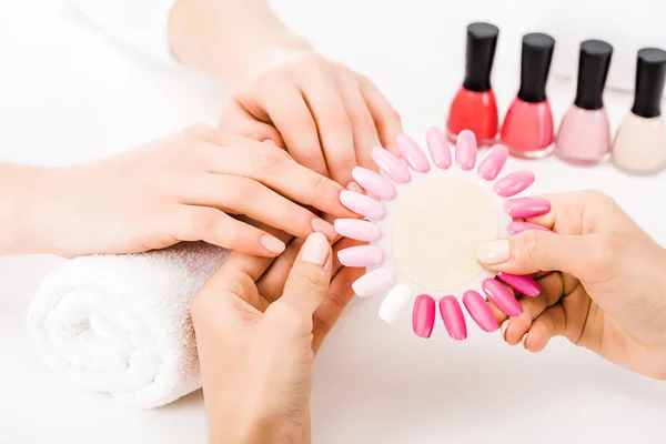 Partial View Manicurist Holding Pink Nail Polish Palette — Stock Photo, Image