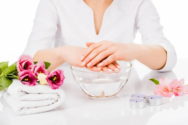 Cropped View Manicurist Posing Bowl Water Towel Isolated White — Stock Photo, Image