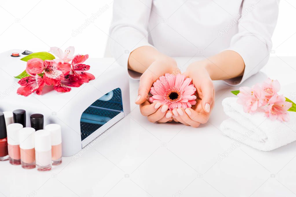 Partial view of manicurist posing with pink flowers at workplace isolated on white
