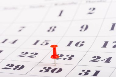 selective focus of red pin marking number 30 in calendar clipart