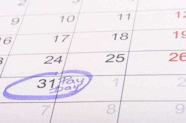 selective focus of calendar with marked number 31 and 'pay day' lettering clipart
