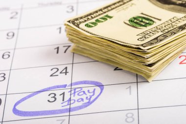 selective focus of dollar banknotes, calendar with marked number 31 and 'pay day' lettering clipart