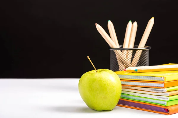 Notebooks Pencils Apple Isolated Black Copy Space — Stock Photo, Image
