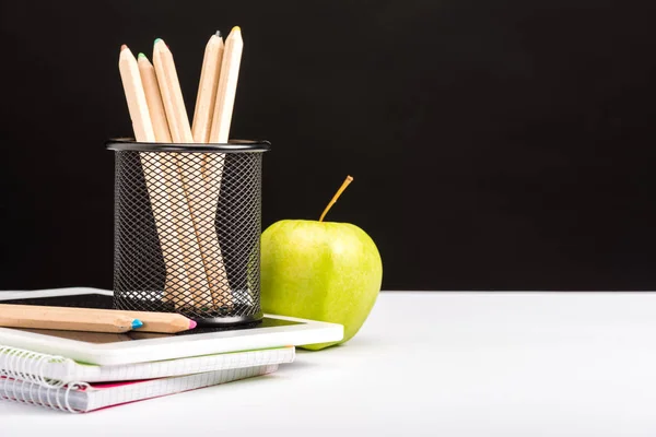 Fresh Apple Notebooks Pencils Isolated Black — Stock Photo, Image