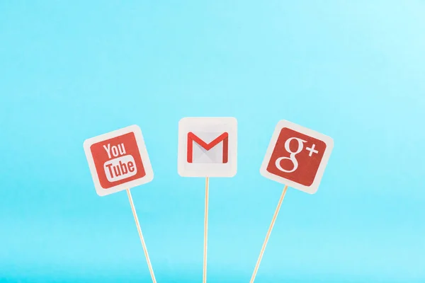 Felülnézet Google Gmail Youtube Ikonok Elszigetelt Kék — Stock Fotó