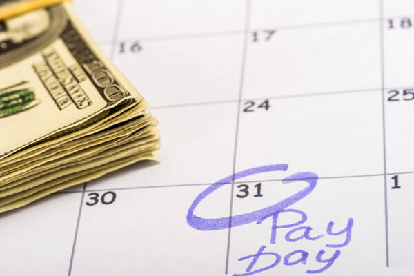 selective focus of dollar banknotes, calendar with marked number 31 and 'pay day' lettering