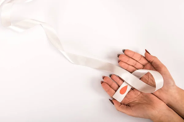 Cropped View Woman Holding Ribbon Blood Drop Diabetes Awareness — Stock Photo, Image