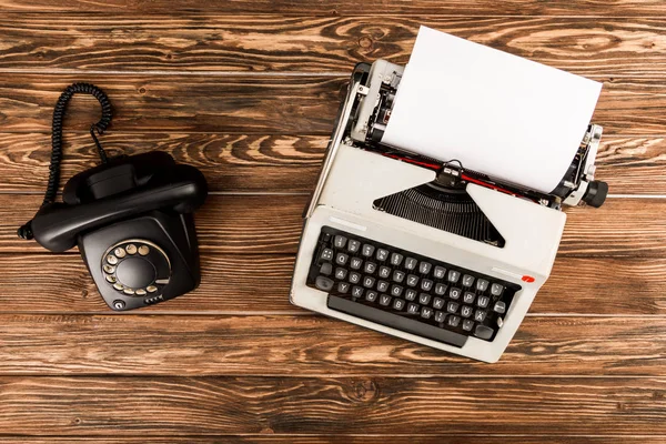 Top View Typewriter Rotary Dial Telephone Wooden Table — Stock Photo, Image