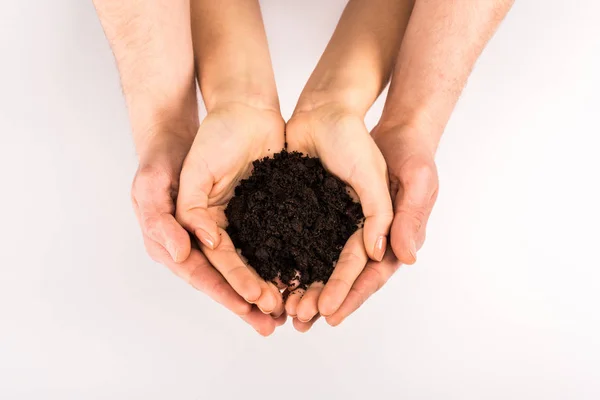 Cropped View Woman Man Holding Soil Isolated White Earth Day — Stock Photo, Image