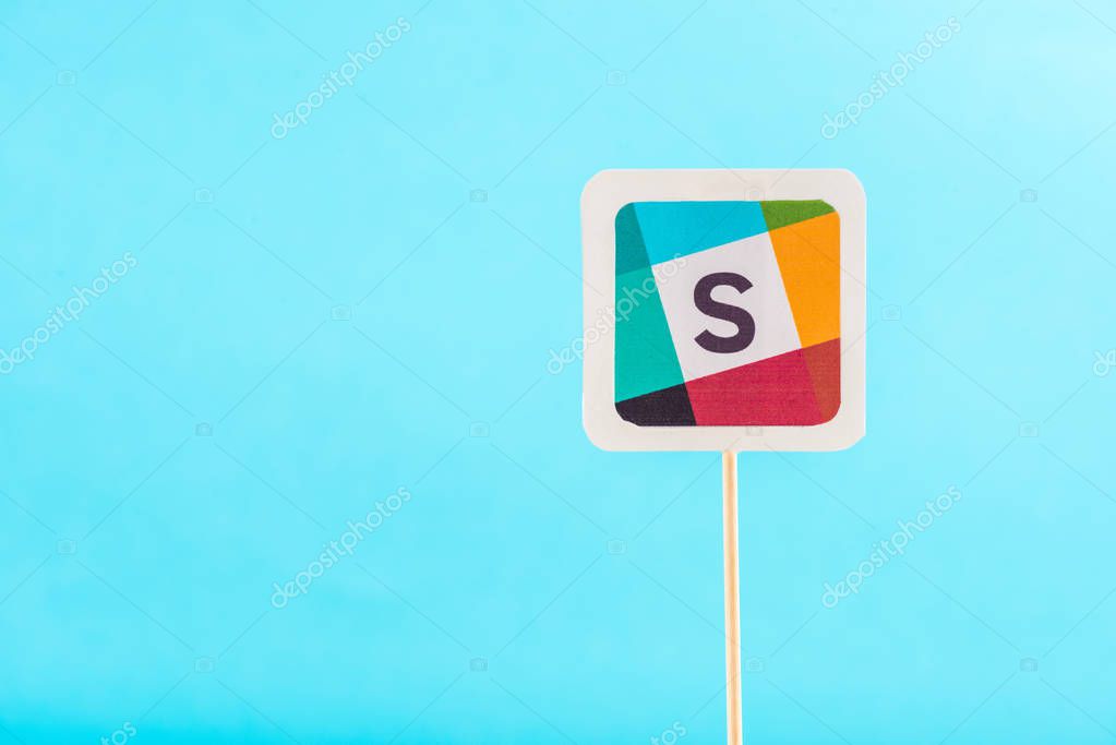 Top view of slack icon isolated on blue with copy space