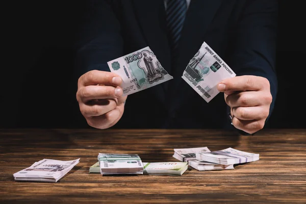 Partial View Businessman Ripping Banknote Wooden Table Russian Rubles — Stock Photo, Image