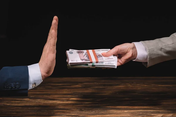 Cropped Shot Businesswoman Giving Russian Rubles Banknotes Businessman Gesturing Sign — Stock Photo, Image