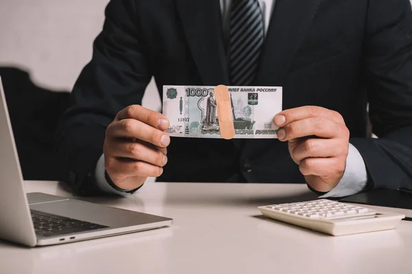 Cropped Shot Businessman Holding Russian Rubles Banknote Medical Patch — Stock Photo, Image