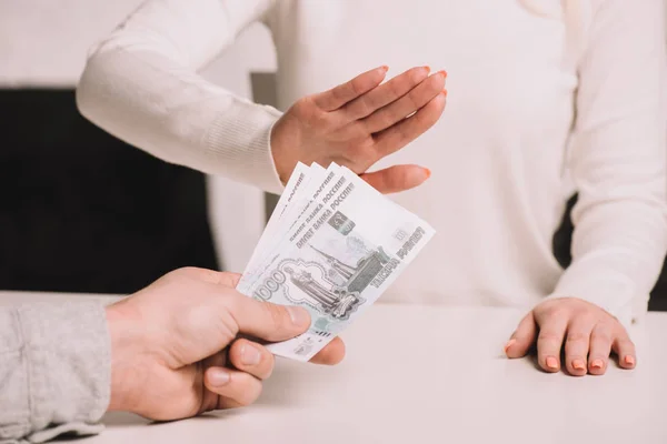 Cropped Shot Man Giving Rubles Banknotes Woman Gesturing Sign — Stock Photo, Image