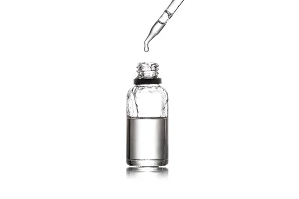 Studio Shot Glass Bottle Pipette Drop Liquid Isolated White — Stock Photo, Image