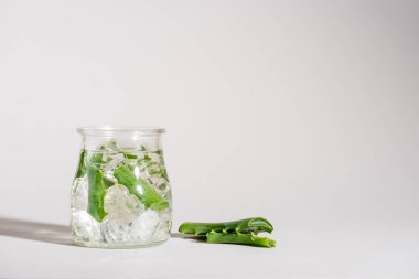 Studio shot of glass jar containing aloe vera leaves and ice clipart