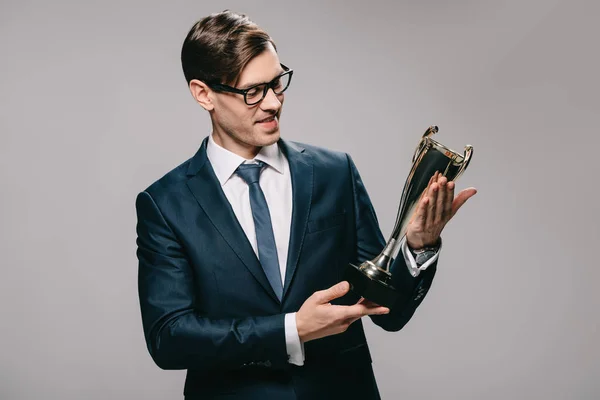 Handsome Businessman Glasses Looking Trophy Isolated Grey — Stock Photo, Image