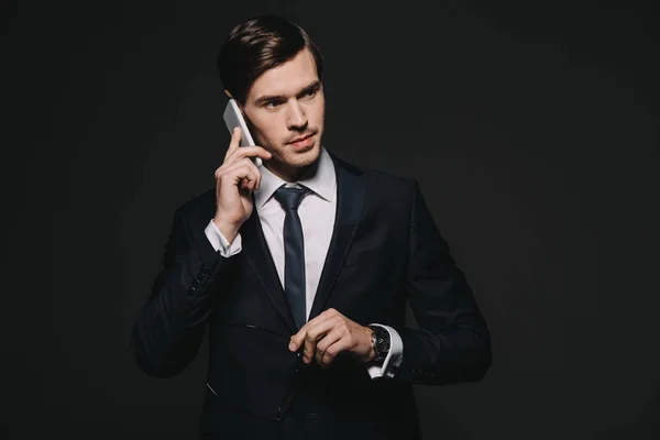 Handsome Businessman Suit Talking Smartphone Isolated Black — Stock Photo, Image