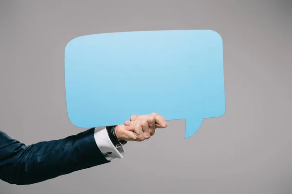 Cropped View Businessman Holding Blue Speech Bubble Isolated Grey — Stock Photo, Image