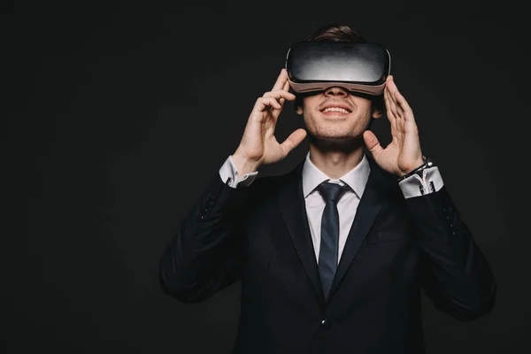 Smiling Businessman Virtual Reality Headset Isolated Black — Stock Photo, Image