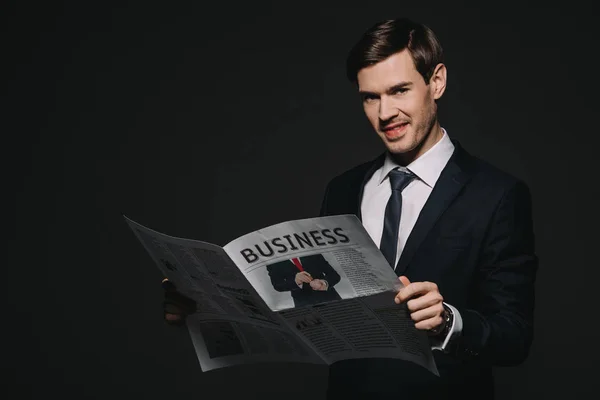 Smiling Businessman Reading Business Newspaper Isolated Black — Stock Photo, Image