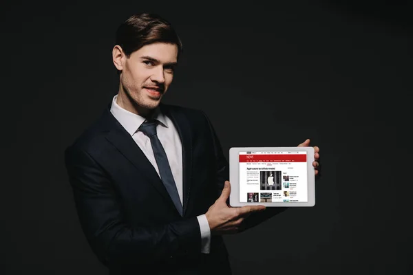 Cheerful Businessman Holding Digital Tablet Bbc News App Screen Isolated — Stock Photo, Image