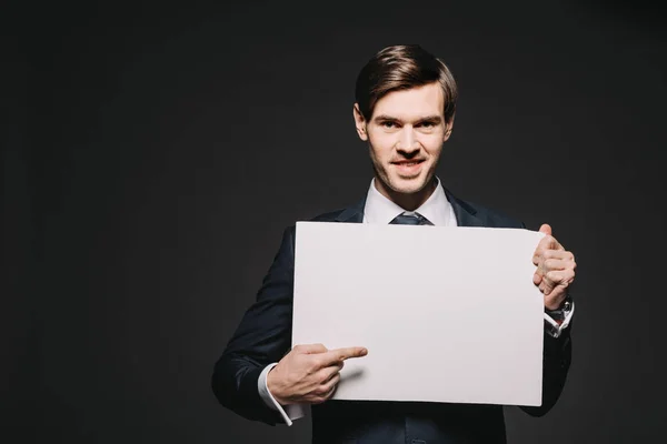 Cheerful Businessman Pointing Finger Empty Board Isolated Back — Stock Photo, Image