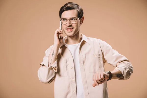 Cheerful Man Glasses Talking Smartphone Isolated Beige — Stock Photo, Image