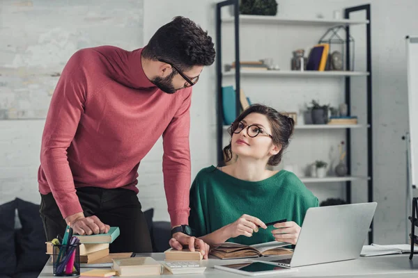 Attractive Woman Glasses Looking Colleague Office — Stock Photo, Image