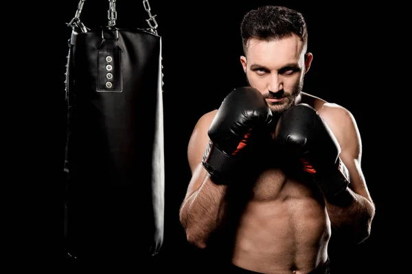 Athlete Boxing Gloves Standing Boxing Pose Punching Bag Isolated Black — Stock Photo, Image