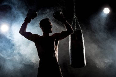 siluet siyah duman ile başının üstünde elle boks eldiven kas atlet