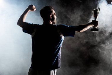 silhouette of champion holding trophy on black with smoke  clipart