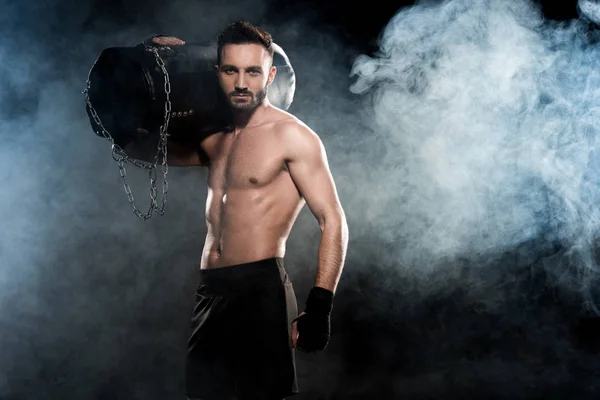 Muscular Boxer Holding Punching Bag Shoulder Black Smoke — Stock Photo, Image