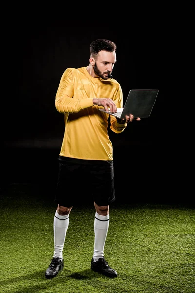 Bearded Coach Looking Laptop Blowing Whistle Isolated Black — Stock Photo, Image