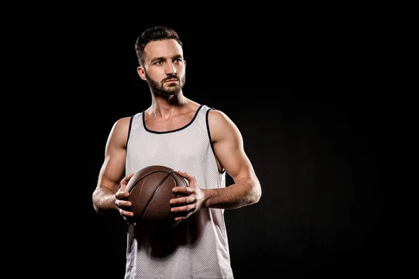 Handsome Basketball Player Holding Ball Hands Isolated Black — Stock Photo, Image