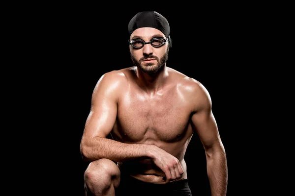 Muscular Swimmer Sitting Swimming Cap Goggles Isolated Black — Stock Photo, Image