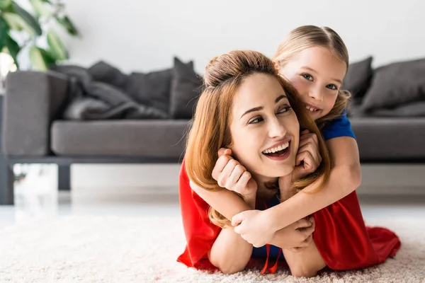 Cute Daughter Attractive Mother Hugging Floor — Stock Photo, Image