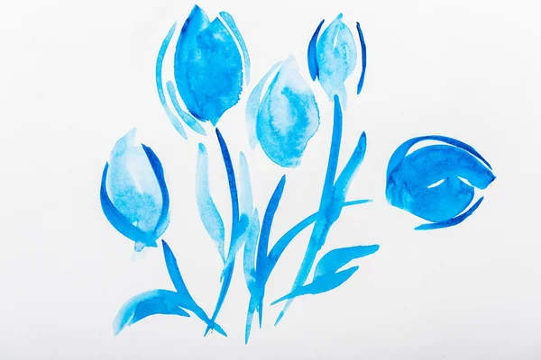 Top View Blue Watercolor Flowers White Background — Stock Photo, Image